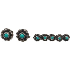 3-Piece Native American Sterling Silver and Turquoise Pin and Screw Back Earrings