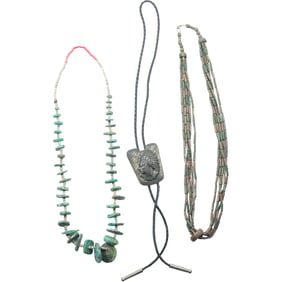 [3] Indian Bolo Tie; Hand Cut Turquoise Beads Necklace; 5-Strand Hand Painted Metal Beads Necklace
