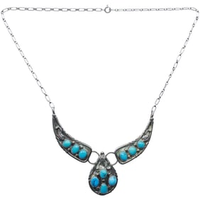 Unsigned Sterling Silver and Sleeping Beauty Turquoise Necklace, Pendants Feather Designs 18 in.