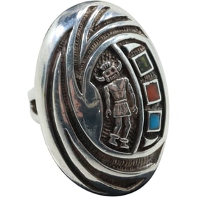 Navajo Hand Tooled God Ring Sterling Silver with Blue, Red Turquoise & Peridot Ring Size 8.25