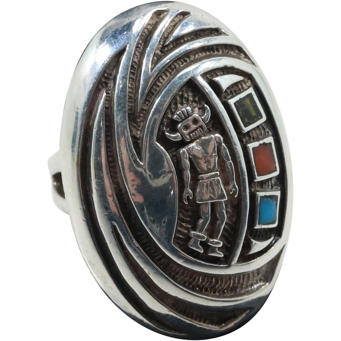 Navajo Hand Tooled God Ring Sterling Silver with Blue, Red Turquoise & Peridot Ring Size 8.25 (1 of 14)