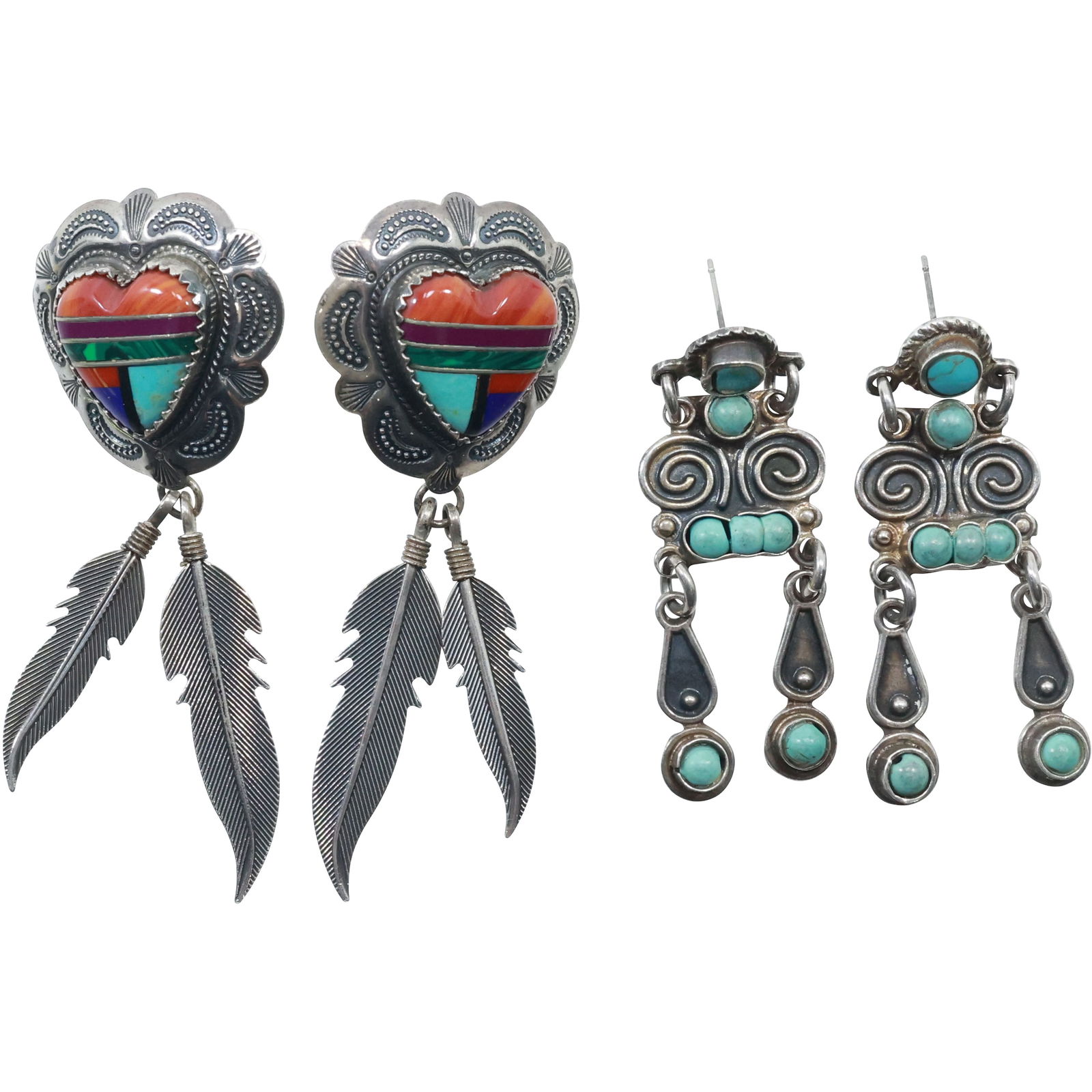 [2] .925 Sterling HDB Mexico Turquoise Double Pendant Hanging Pierced Earrings; C.T. Sterling (1 of 20)