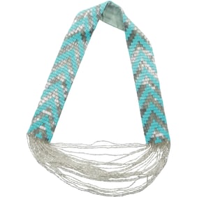 Indian Design Turquoise and Silver Glass Beads Necklace 32 in. x 1 3/4 in.