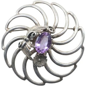 Sterling Silver and Purple Amethyst Hand Stamped Native American Navajo Swirl Pin 2 in. dia.