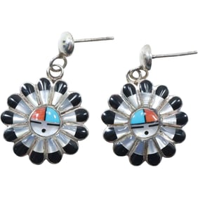 Native American Zuni Sterling Inlaid Feathers Drop Earrings with MOP, Black Onyx, Turquoise, Coral