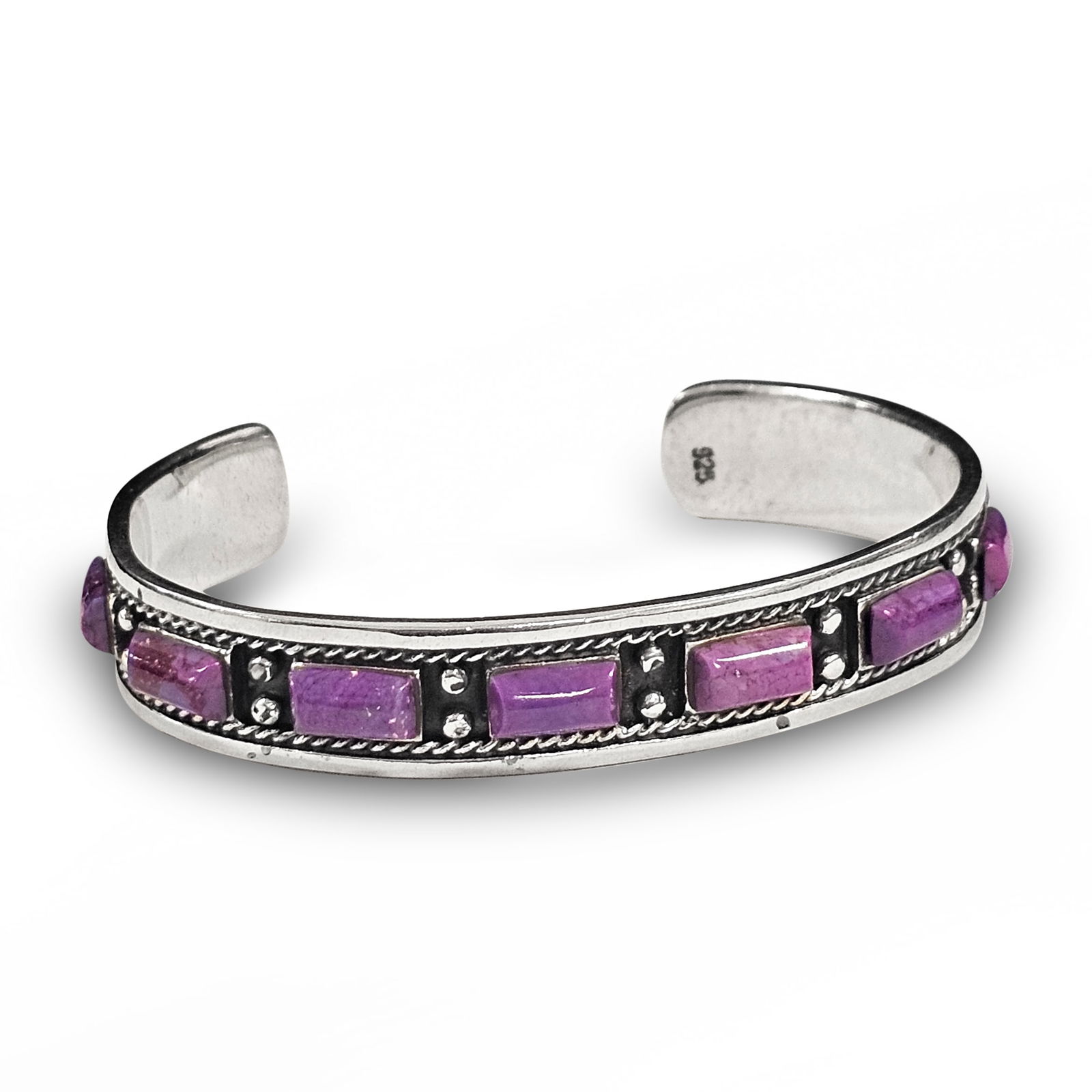 .925 Sterling Silver with 10 Purple Turquoise Panels Cuff Bracelet Native American (1 of 12)