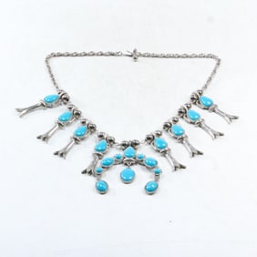 Silver and Turquoise Faux Squash Blossom Necklace 23 in. x 3 in. x 2 1/2 in.