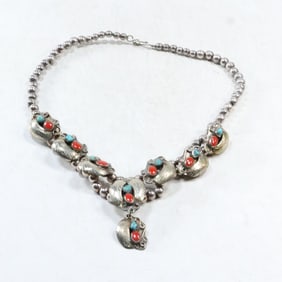 Unsigned Native American Navajo Silver, Turquoise, Coral Bisbee Collar Necklace 21 in.