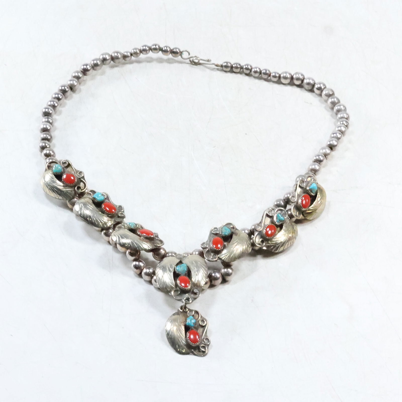 Unsigned Native American Navajo Silver, Turquoise, Coral Bisbee Collar Necklace 21 in. (1 of 20)