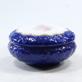 19th C. Limoges T & V France Round Porcelain Covered Dresser Box with Maiden Scene Top