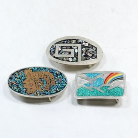[3] Assorted Belt Buckles: Mosaic Alpaca Mexico; Alpaca Mexico Abalone Mosaic; Rainbow Alpaca
