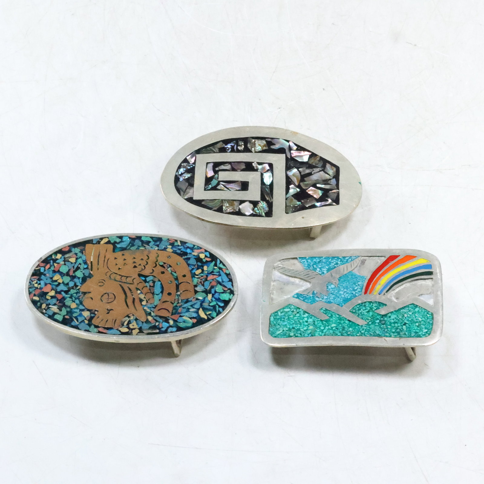 [3] Assorted Belt Buckles: Mosaic Alpaca Mexico; Alpaca Mexico Abalone Mosaic; Rainbow Alpaca (1 of 20)