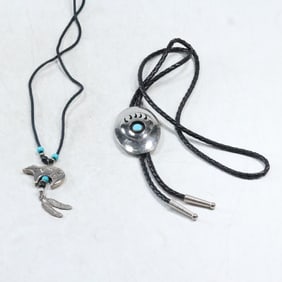 [2] Bear Claw Bolo Tie 26 in. x 5 1/2 in. x 1 1/2 in. &  Bear Pendant with Feather Charm 30 in.