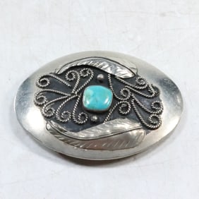 Mexico Large Silver Buckle with Turquoise Stone Applied Feathers and Roping 3 3/4 in. x 2 3/4 in.