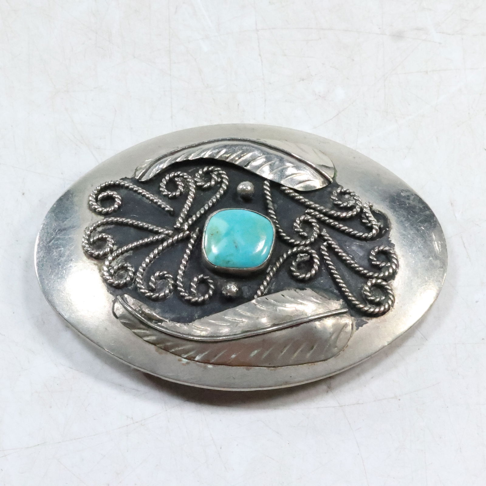 Mexico Large Silver Buckle with Turquoise Stone Applied Feathers and Roping 3 3/4 in. x 2 3/4 in. (1 of 15)