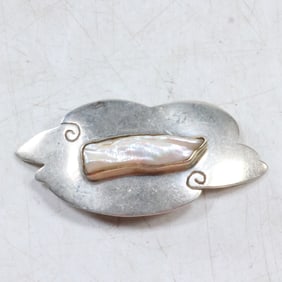 Native American .925 Sterling Silver Cloud Pin with Mother-of-Pearl Stone 2 1/4 in. x 1 1/4 in.