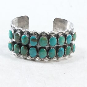 "DC" DELBERT CHATTER Navajo Sterling Silver with Rows of Turquoise Stones Cuff Bracelet