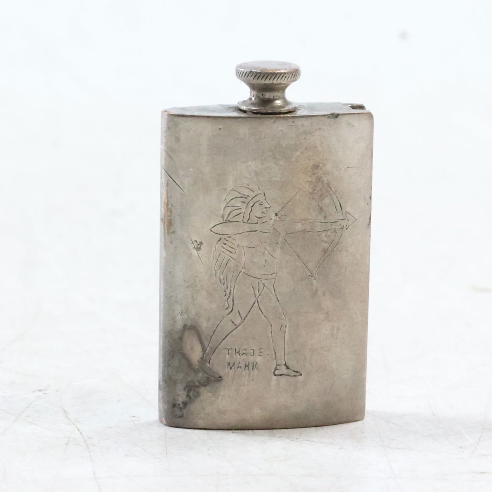 Rare marked Thade Mark Indian Bottle / Match Striker Nickle Plated over Copper 1 1/2 in. x 1 in. (1 of 13)