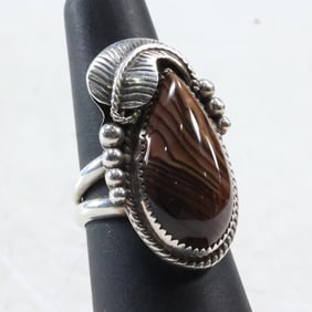 Native American Navajo Sterling Silver and Tiger's Eye Ring Size 6.5 with Beading & Feather Design