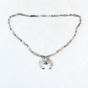 Native American Navajo Sterling Silver with Turquoise Squash Blossom Necklace 20 in. x 1 3/4 in.
