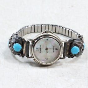 Sterling Silver with Sleeping Beauty Turquoise Watch Band, Navajo Watch Mother-of-Pearl Dial