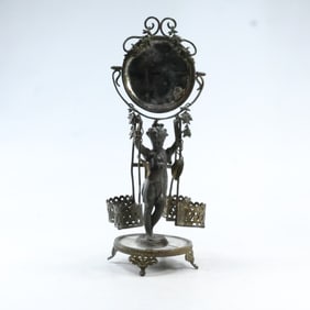 Victorian Cast Metal Art Nouveau Child Figure Swing Dresser Mirror with 4 Perfume Holders 14.5 in.