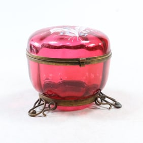 Victorian Moser Hand-painted Cranberry Glass Dresser Jar on Metal Footed Base