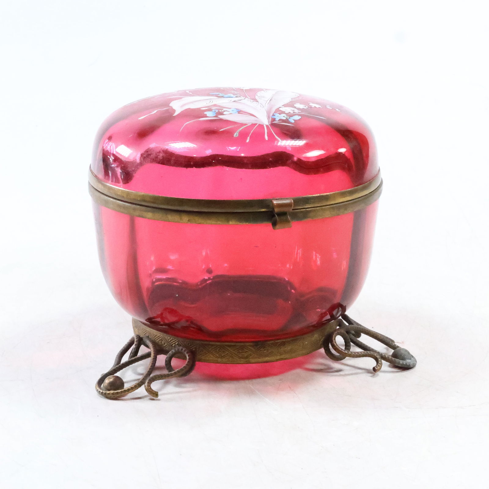 Victorian Moser Hand-painted Cranberry Glass Dresser Jar on Metal Footed Base (1 of 18)