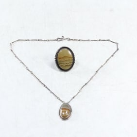 Sterling Silver Necklace with Agate Pendant Marked 'Nolan' + Sterling Silver Agate Ring