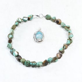 Vintage Native American Indian Turquoise Beaded Necklace and Blue Agate Pendant