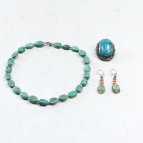 Vintage Four Piece 1930s-40s Scarab Necklace, Earring, and Pin Set