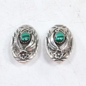 Vintage 1960s-70s Native American Sterling Clip-On Earrings with Malachite Center Stones