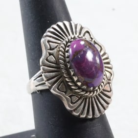 Vintage Native American Indian Navajo Sterling Ring with Charoite Center Stone