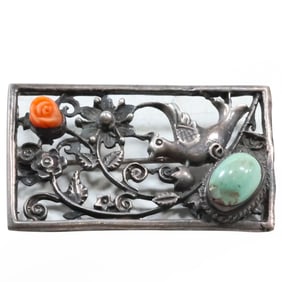 Vintage 1970s Sterling Silver Floral Bird Pin with a Turquoise & Coral Flower Shaped Stone