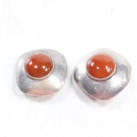 Square Clip-on Earrings with Carnelian Stones Marked TB-118 .925 Mexico Signed "SINAYA?"