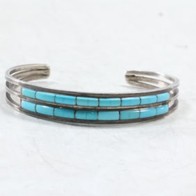 Native American Indian Zuni Sterling Silver Cuff Bracelet with Inlay Turquoise