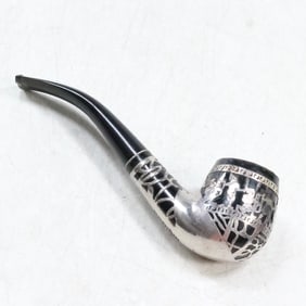 Wood Smoking Pipe with Sterling Silver Overlay Design Depicting Fighting Scene 5.5 in.