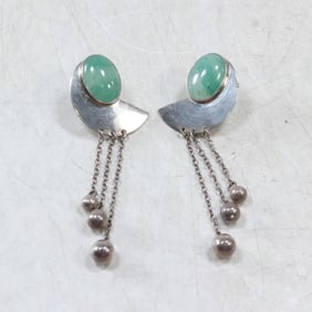 Crescent-shaped Earrings w/ Green Agate, Marked .925 Sanya Mexico TB-37