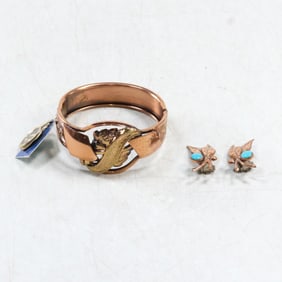 Genuine Copper Bracelet Marked "PCraft", with Copper Feather Design and Turquoise Clip-on Earrings