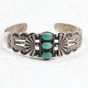 Vintage Native American Indian Unsigned Sterling Silver Cuff Bracelet Eagle, Arrow, Sun, Feathers