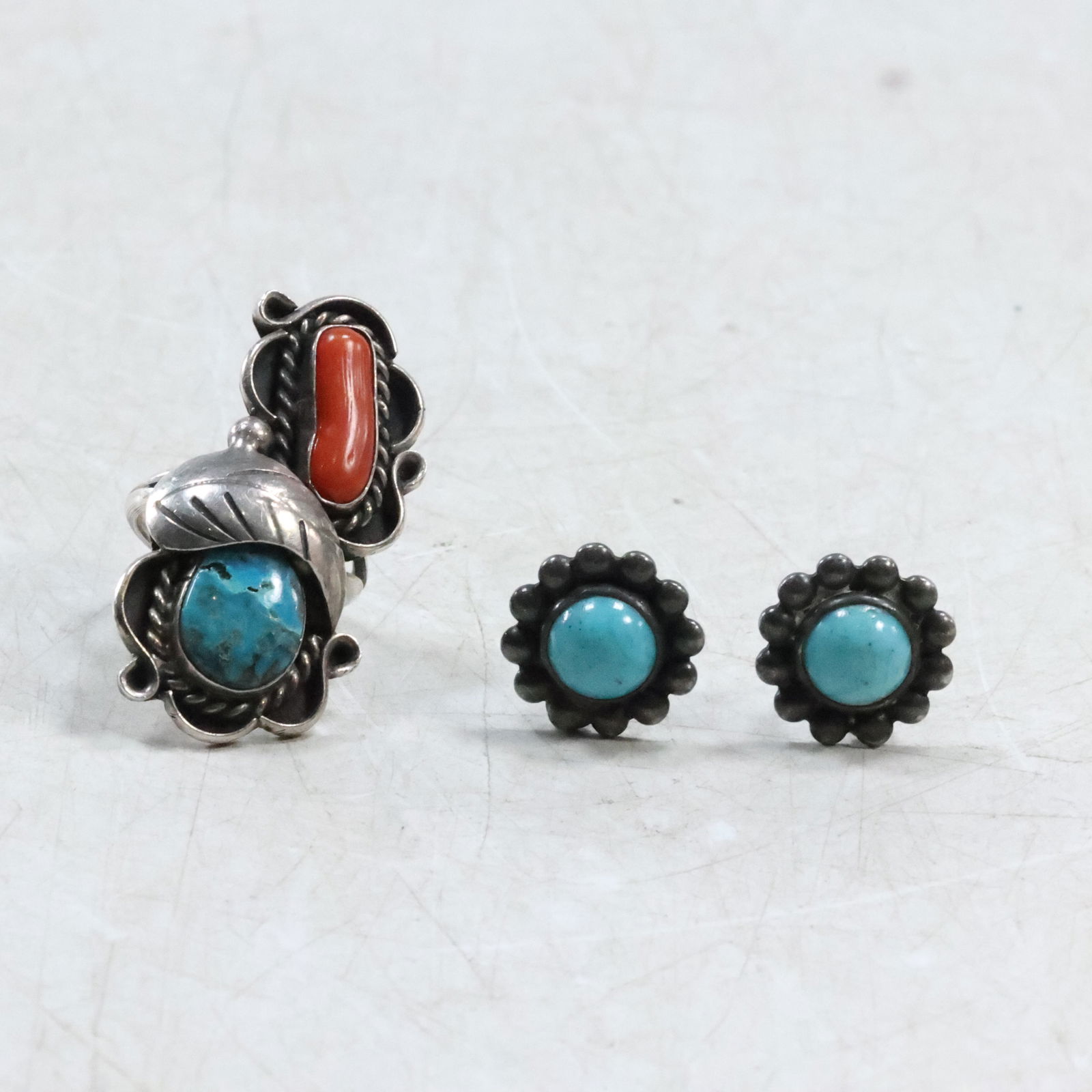 Sterling Silver Native American Indian Navajo Ring with Coral, Turquoise Size 7; Pair Navajo Earring (1 of 16)