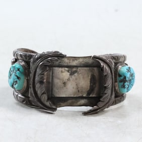 Native American Indian 1954 Tommy Yellow Feather Watch Cuff Bracelet Sterling Silver with