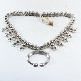 Vintage American Indian Navaho Squash Blossom Necklace - tests Sterling on all Parts 350.6 grams