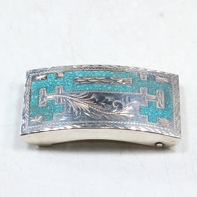Plata De Julisco .925 Sterling Silver JHLC Guad Mex Buckle with Turquoise  3 in. x 1 5/8 in.
