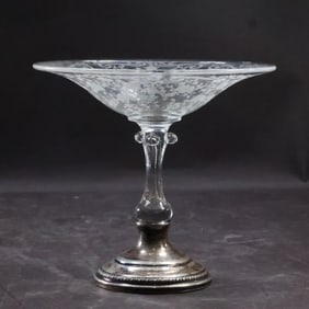 Sterling Silver Weighted Base Fancy Etched Crystal Glass Candy Compote 6 in. x 6 1/2 in.