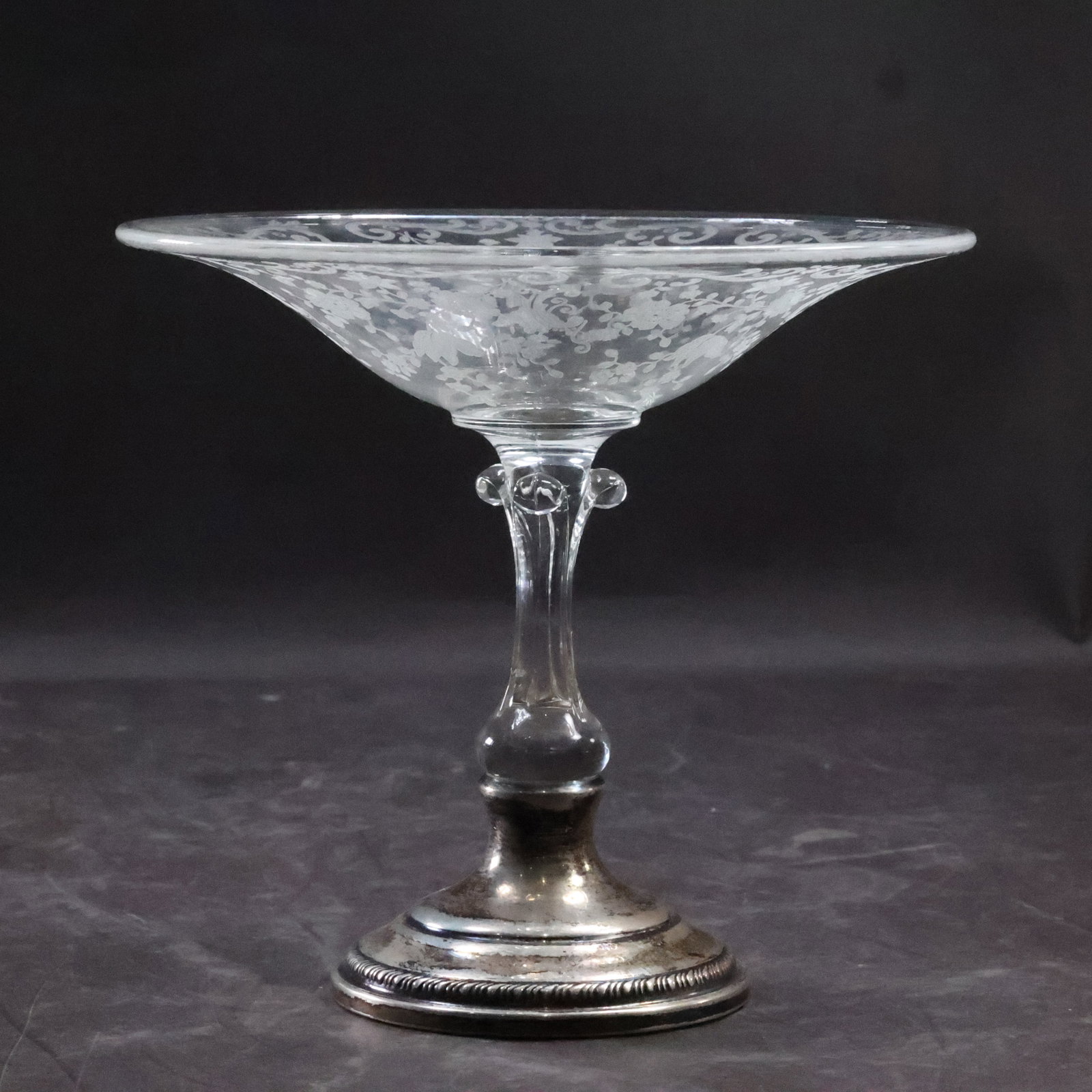Sterling Silver Weighted Base Fancy Etched Crystal Glass Candy Compote 6 in. x 6 1/2 in. (1 of 17)