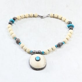 Native American Navajo Unsigned Sterling Silver, Bone, Turquoise Pendant & Beads Necklace