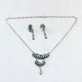 Bill & Lou Zuni Sterling Silver with Turquoise Double Hanging Pendant; Bill & Lou .925 Sterling