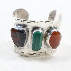Large Native American Indian Navajo Sterling Silver Cuff Bracelet with Agate, Malachite, Jasper