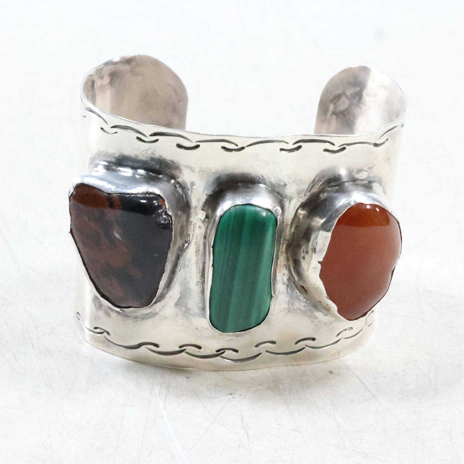 Large Native American Indian Navajo Sterling Silver Cuff Bracelet with Agate, Malachite, Jasper (1 of 14)